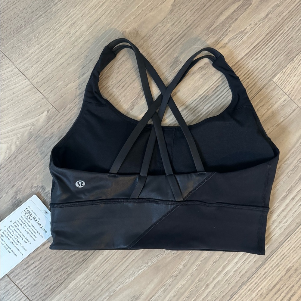 lululemon athletica black energy bra long line 2 tone shiny asymmetrical size 6